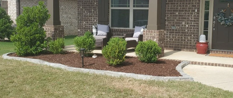 Landscape bed in Fayetteville, TN, with mulch and plants.