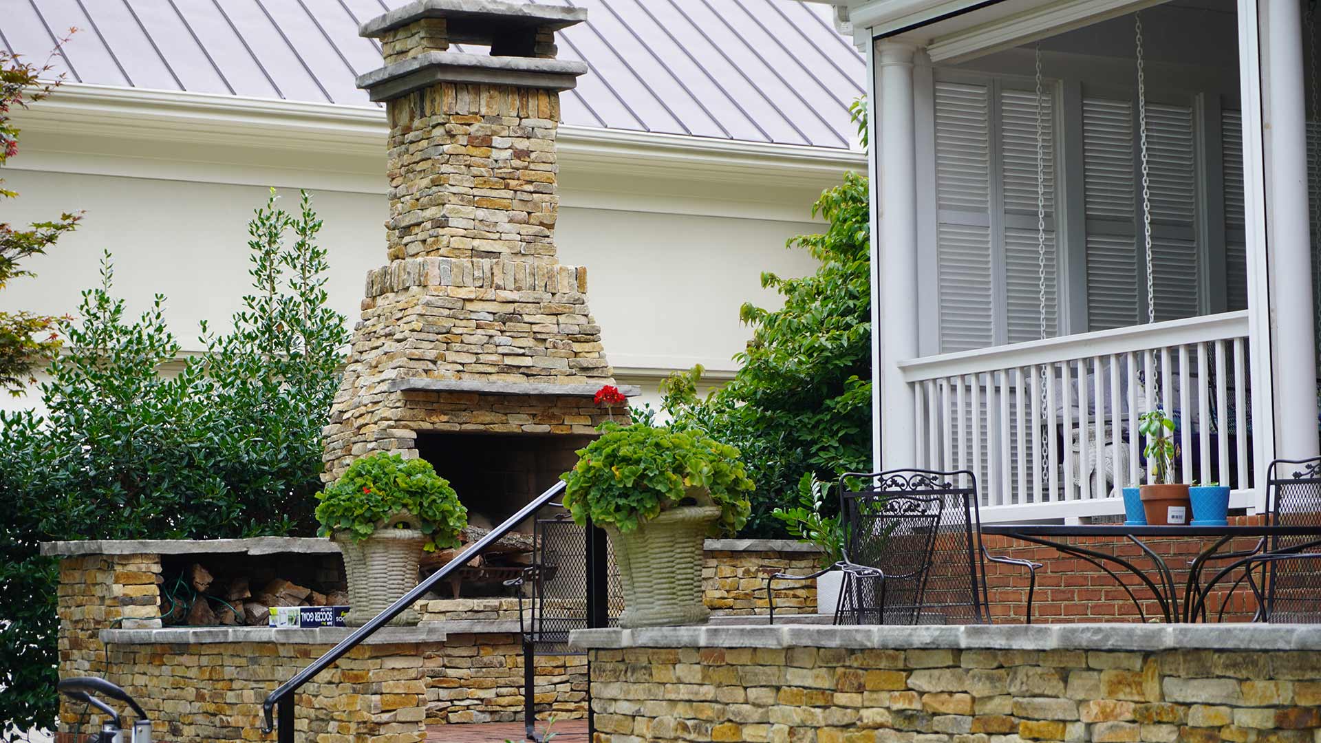 A custom built fireplace installed for backyard landscape in Fayetteville, TN.