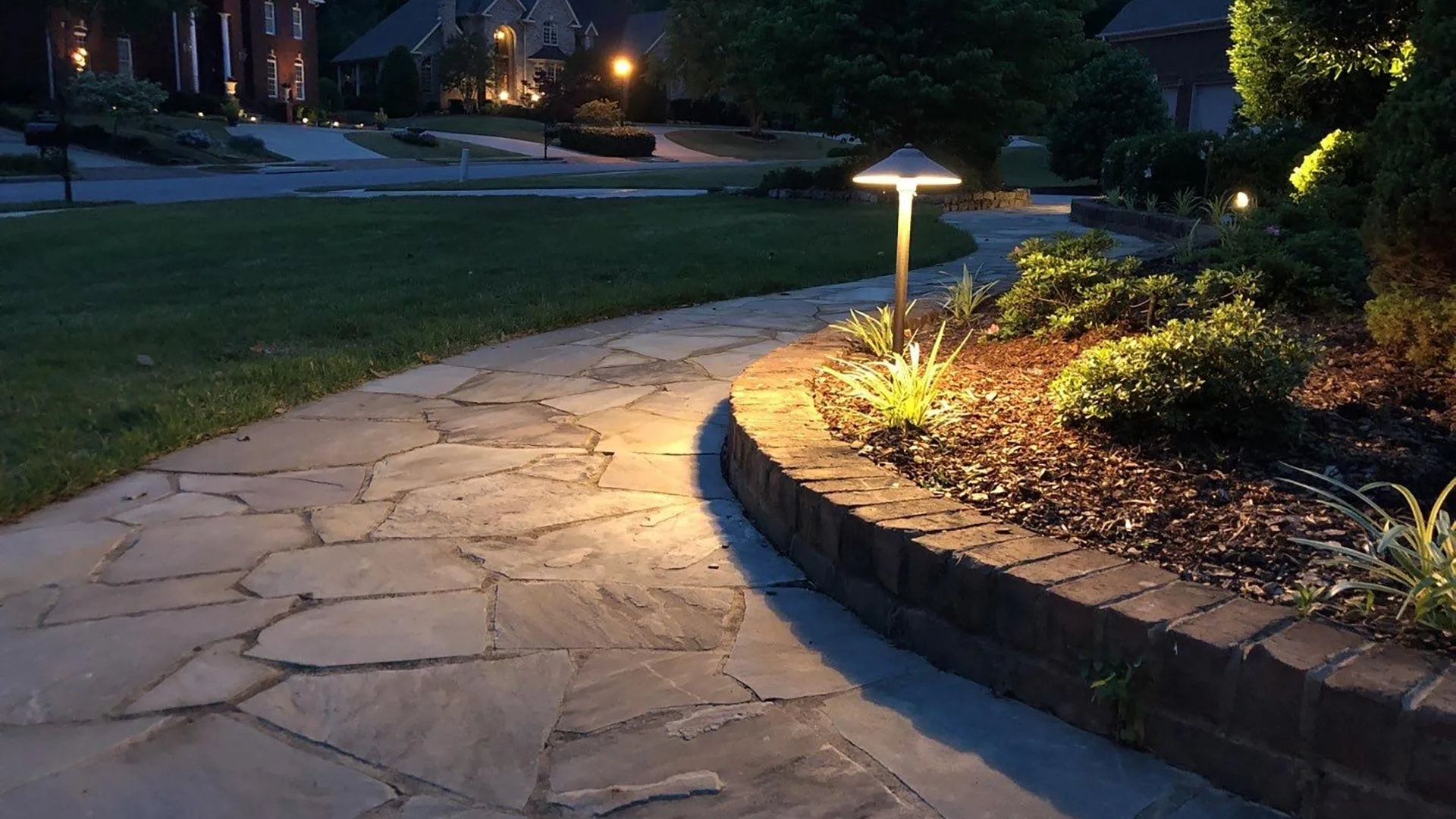 Landscape lighting added by walkway in Meridianville, AL.