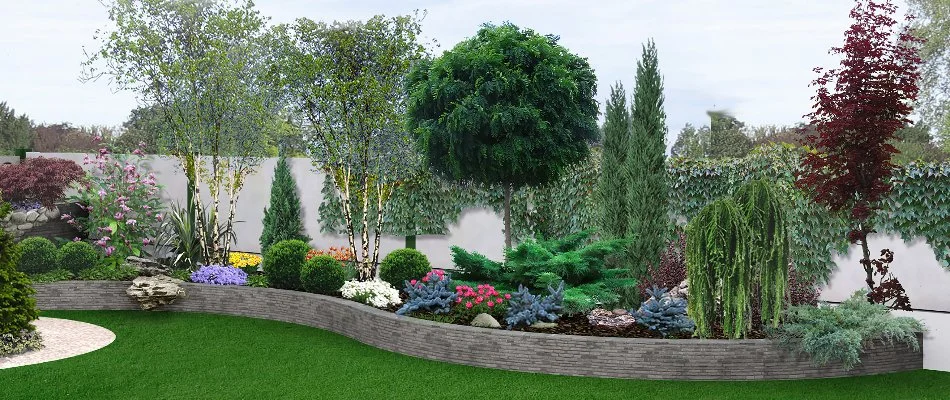 3D design rendering of a landscape in Huntsville, AL, with plants and flowers.