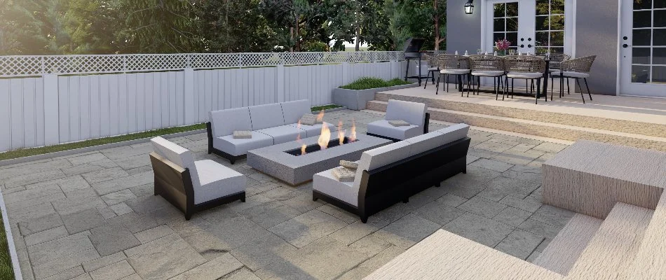 3D rendering of a patio in Huntsville, AL, with fire pit and furniture.