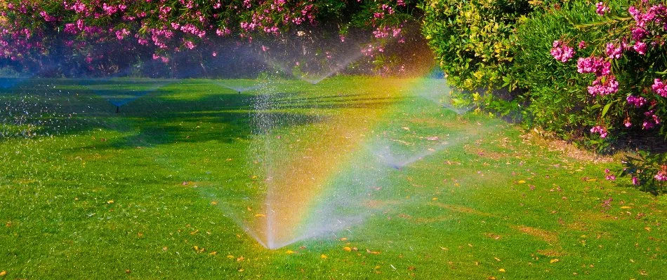 Green lawn in Alabama with irrigation sprinkler head.