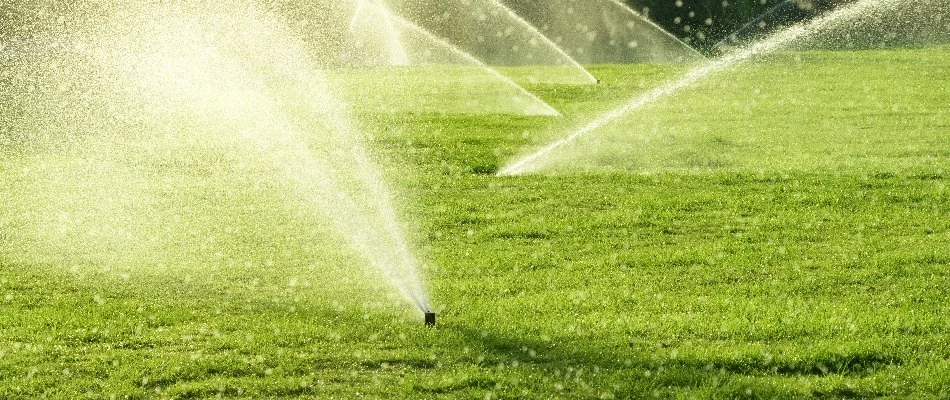 Large lawn in Huntsville, AL, with several sprinkler heads.
