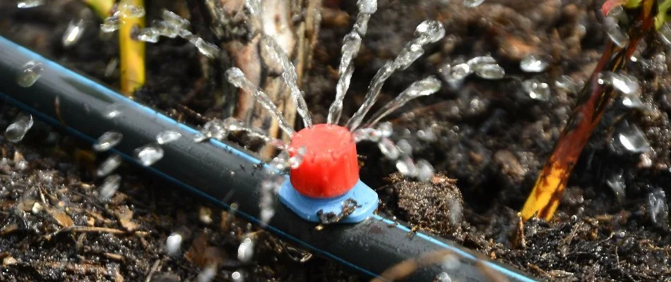 Drip irrigation emitter on a landscape in McMullen Cove, AL, releasing water.