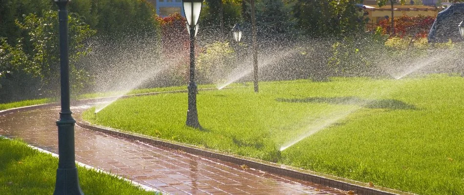 Lawn in Oakland, AL, with irrigation sprinkler heads and lamp posts.