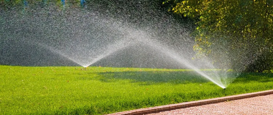 Lawn sprinklers in Huntsville, AL, spraying water near a walkway.