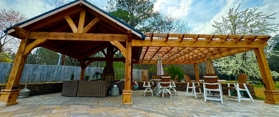 Pergola attached to a pavilion over a patio in Huntsville, AL.
