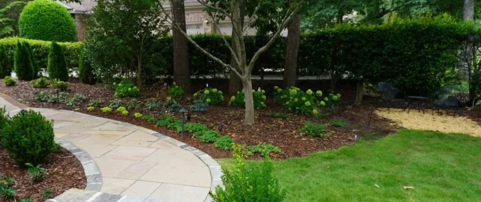 Plants on a mulched landscape in Mount Carmel, AL, beside a lawn and walkway.