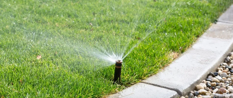 Irrigation system spraying water on grass in Huntsville, AL.