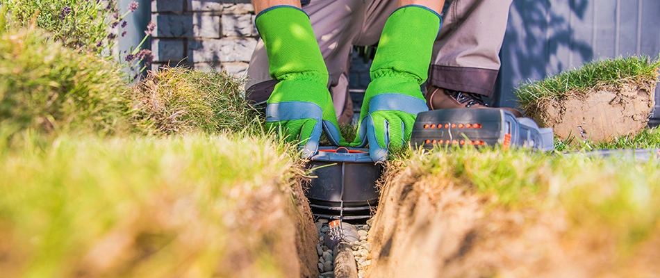 A technician installing an irrigation system for a home in Hazel Green, AL.